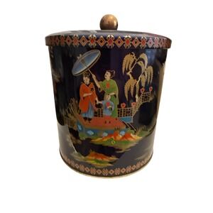 Daher England Chinoiserie Tin Canister Lidded Blue Gold 5" Vintage